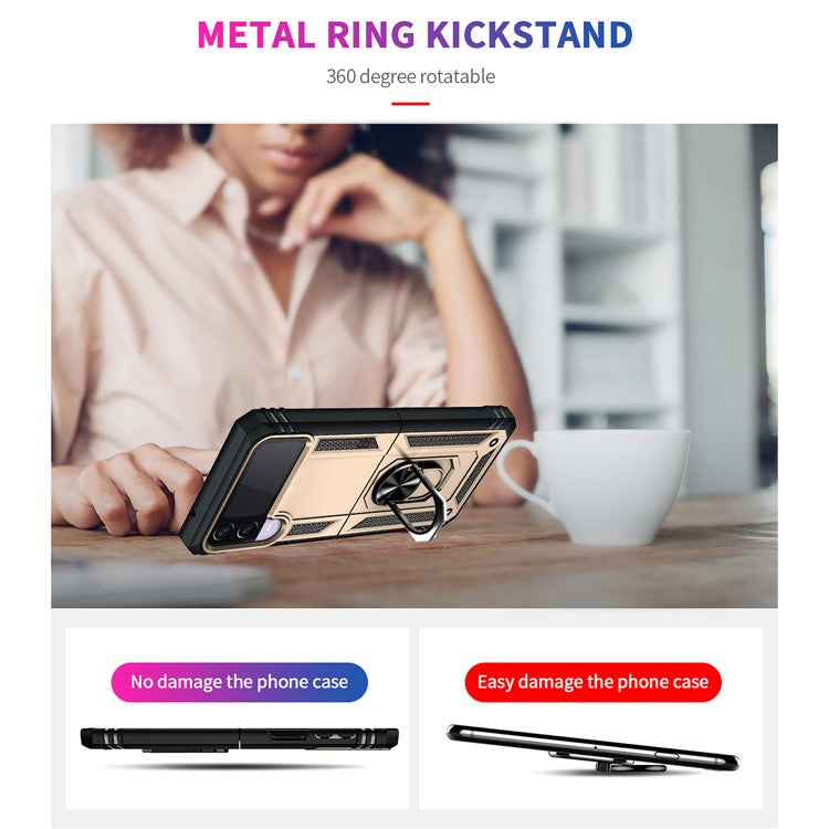 Military Grade Shockproof Phone Cover Shell with Finger Ring Kickstand for Samsung Galaxy Z Flip3 5G - Gold