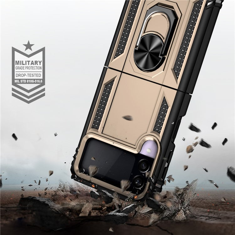 Military Grade Shockproof Phone Cover Shell with Finger Ring Kickstand for Samsung Galaxy Z Flip3 5G - Gold