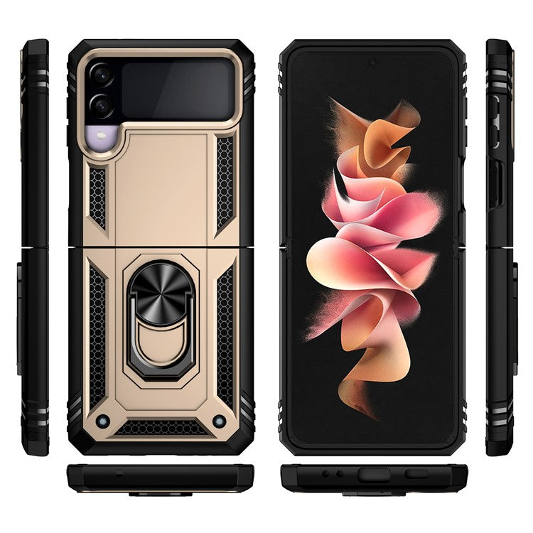Military Grade Shockproof Phone Cover Shell with Finger Ring Kickstand for Samsung Galaxy Z Flip3 5G - Gold