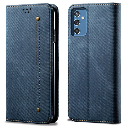 Scratch Resistant Flip Phone Cover Jeans Cloth Texture Leather Wallet Stand Case for Samsung Galaxy M52 5G - Blue