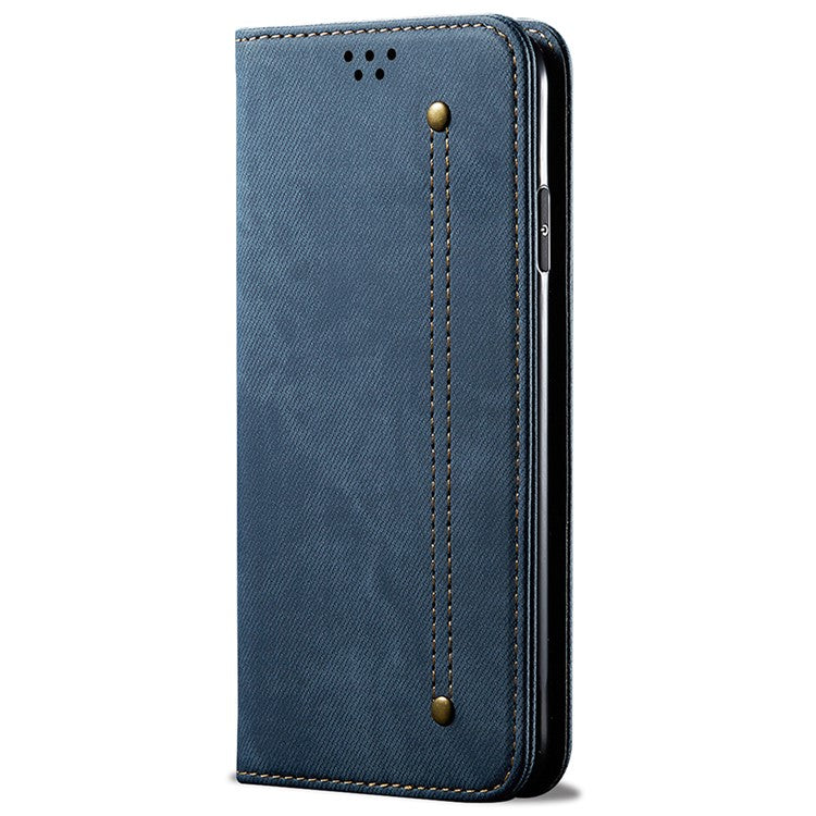 Scratch Resistant Flip Phone Cover Jeans Cloth Texture Leather Wallet Stand Case for Samsung Galaxy M52 5G - Blue