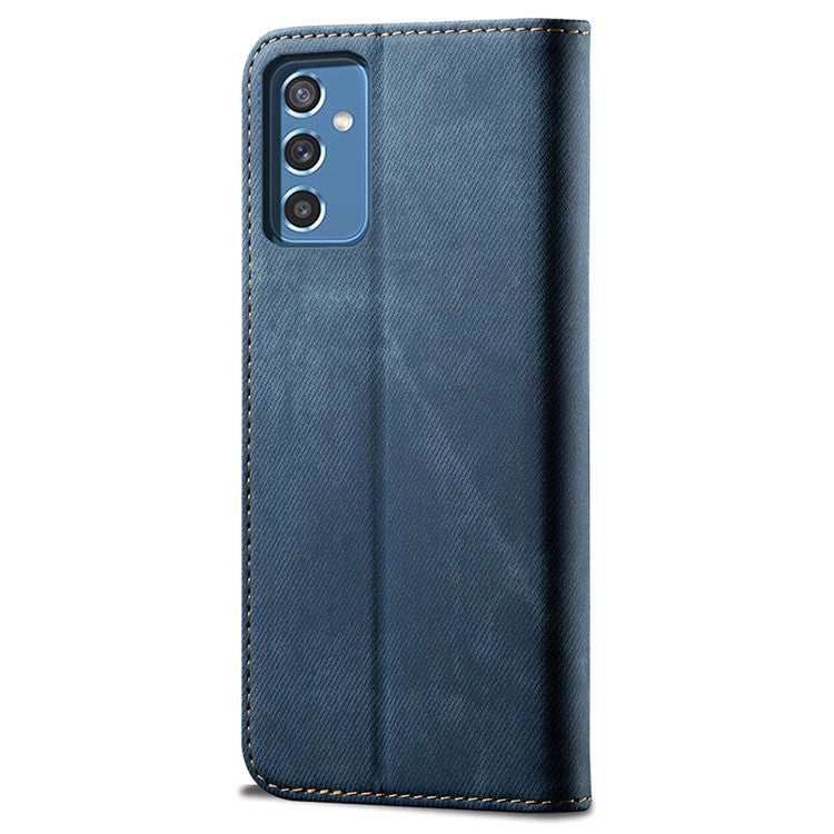 Scratch Resistant Flip Phone Cover Jeans Cloth Texture Leather Wallet Stand Case for Samsung Galaxy M52 5G - Blue