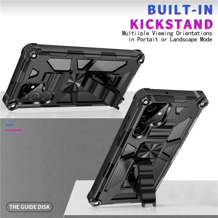 Military Grade Anti-Drop Scratch-Resistant Built-in Kickstand Hybrid Hard PC Soft TPU Phone Case for Samsung Galaxy S22 Ultra - Black