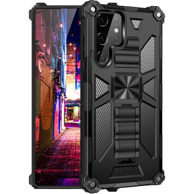 Military Grade Anti-Drop Scratch-Resistant Built-in Kickstand Hybrid Hard PC Soft TPU Phone Case for Samsung Galaxy S22 Ultra - Black