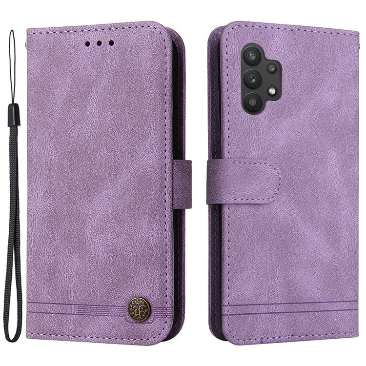Fashionable Design Tree Pattern Metal Button Flip Phone Case PU Leather Wallet Stand Cover for Samsung Galaxy A32 5G / M32 5G - Purple