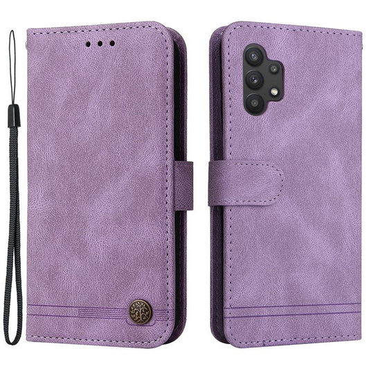 Fashionable Design Tree Pattern Metal Button Flip Phone Case PU Leather Wallet Stand Cover for Samsung Galaxy A32 5G / M32 5G - Purple