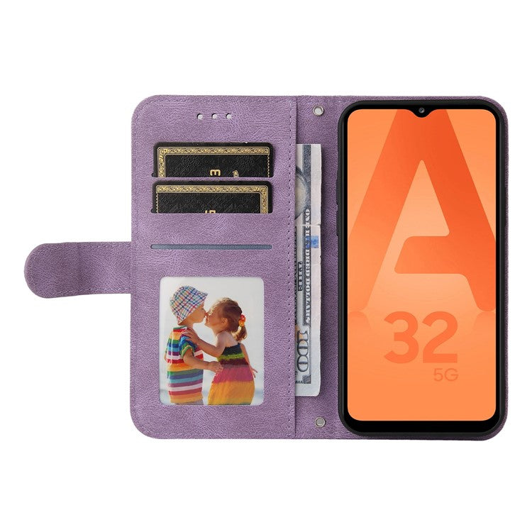 Fashionable Design Tree Pattern Metal Button Flip Phone Case PU Leather Wallet Stand Cover for Samsung Galaxy A32 5G / M32 5G - Purple