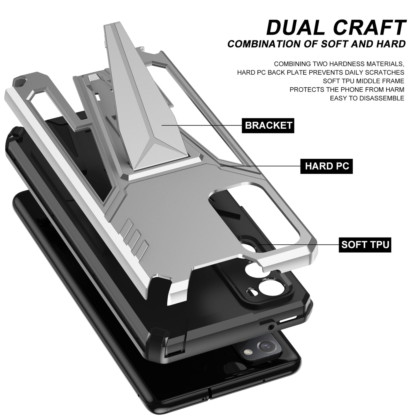 Anti-Fall V-Shaped Kickstand TPU + PC Hybrid Phone Cover Case with Built-in Metal Sheet for Samsung Galaxy S20 FE 2022/S20 FE 4G/S20 FE 5G/S20 Lite - Silver