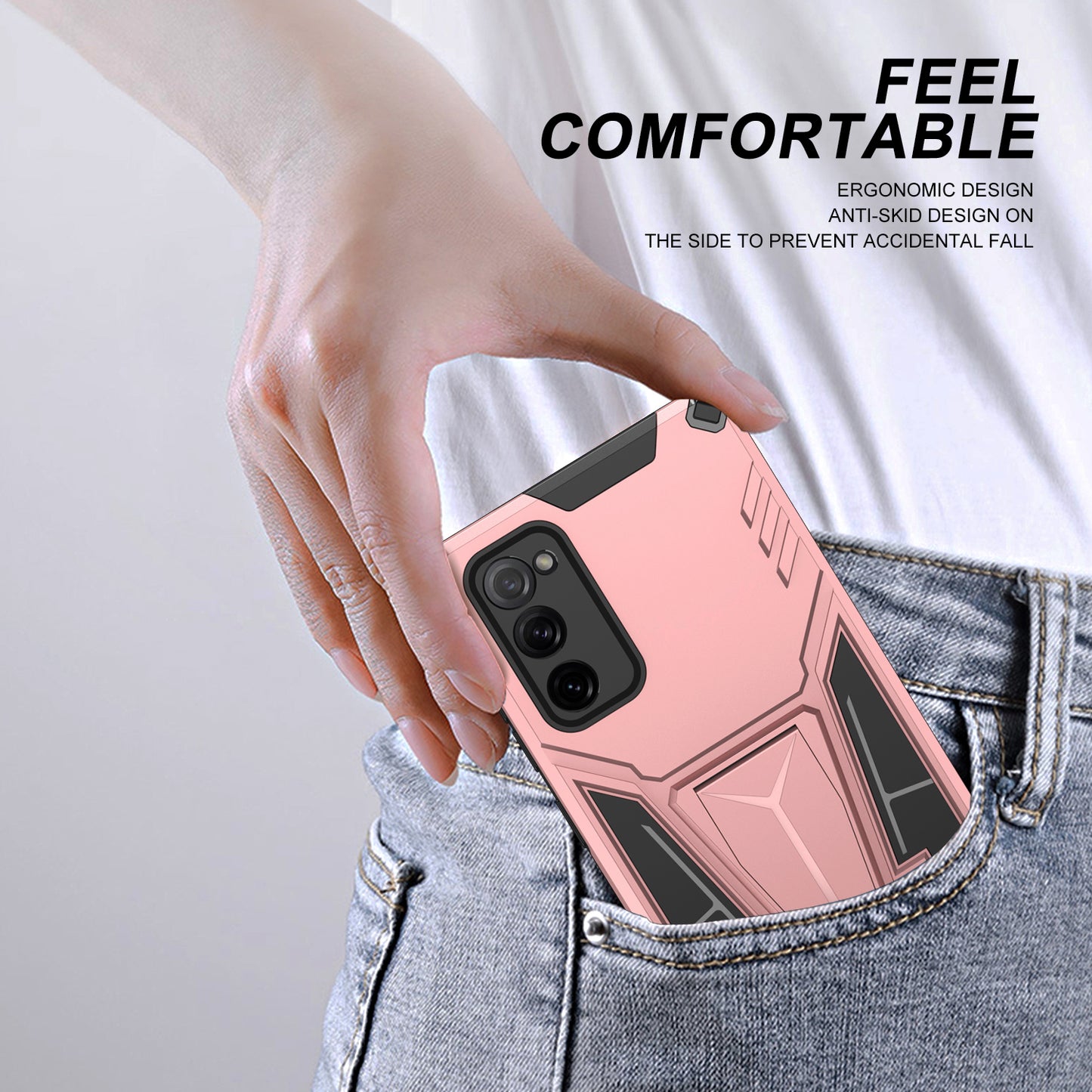 Anti-Fall V-Shaped Kickstand TPU + PC Hybrid Phone Cover Case with Built-in Metal Sheet for Samsung Galaxy S20 FE 2022/S20 FE 4G/S20 FE 5G/S20 Lite - Rose Gold