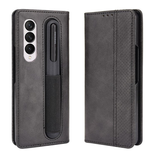 For Samsung Galaxy Z Fold3 5G Retro Textured Surface Pen Slot Shockproof Leather Phone Cover - Black
