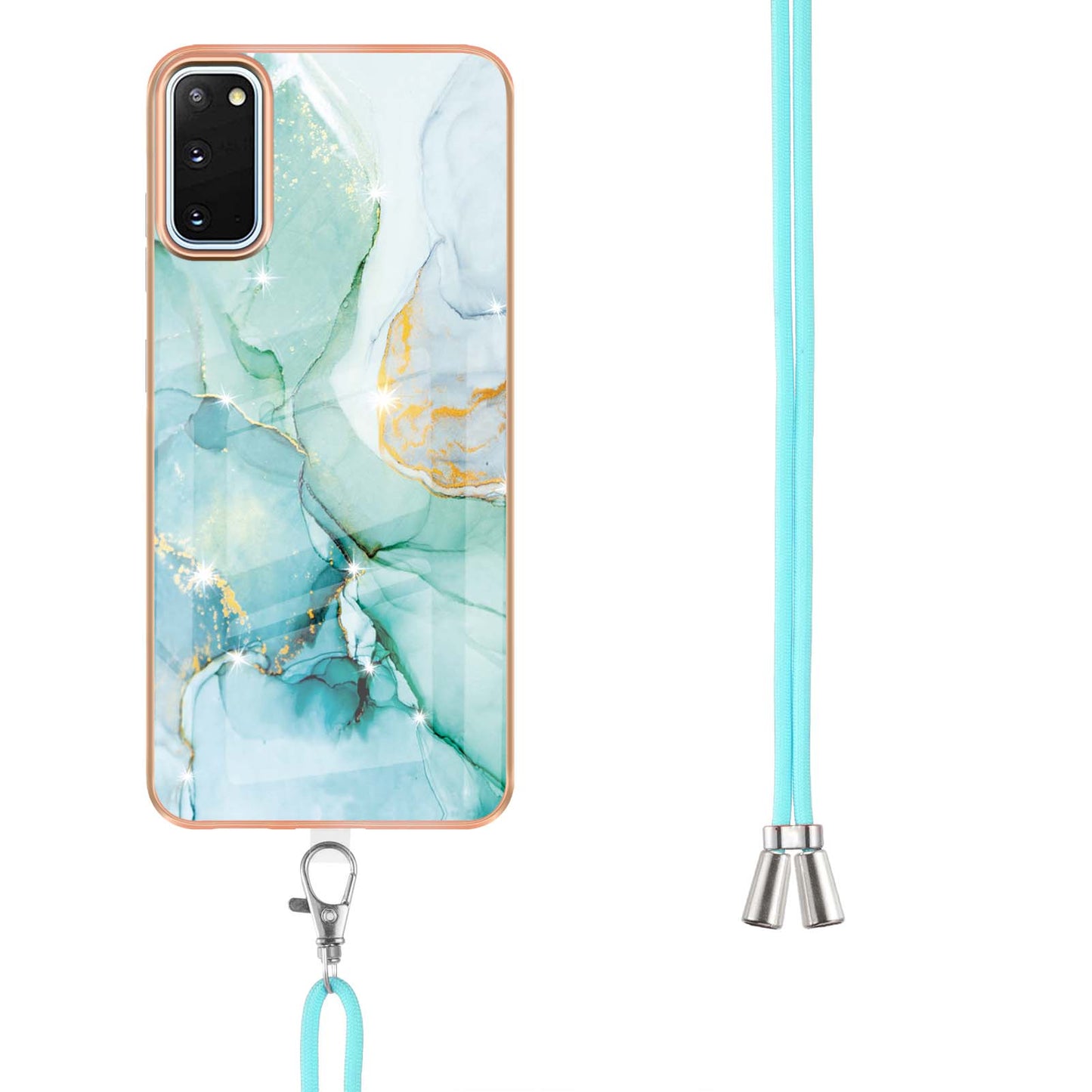 Marble Pattern Electroplated Edge Soft TPU Anti-Scratch IMD Phone Case with Strap for Samsung Galaxy S20 4G/S20 5G - Green 003