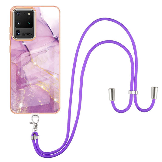 Marble Pattern Electroplated Edge Flexible TPU Anti-Drop IMD Phone Case with Strap for Samsung Galaxy S20 Ultra - Purple 001