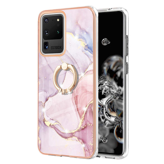Full-Protective Flexible TPU Cover Rotary Ring Kickstand Design IMD Marble Pattern IML Electroplating Frame Phone Case for Samsung Galaxy S20 Ultra - Rose Gold 005