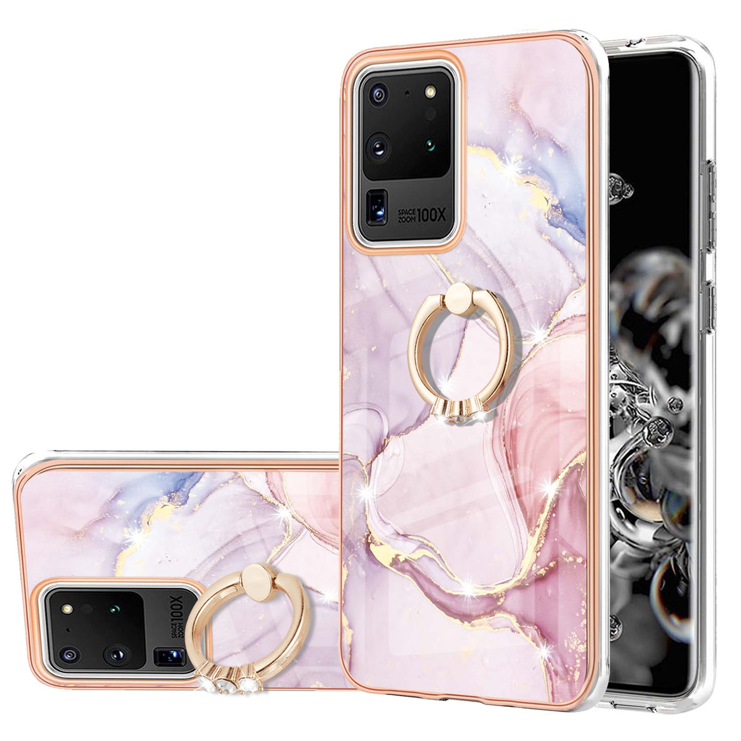Full-Protective Flexible TPU Cover Rotary Ring Kickstand Design IMD Marble Pattern IML Electroplating Frame Phone Case for Samsung Galaxy S20 Ultra - Rose Gold 005