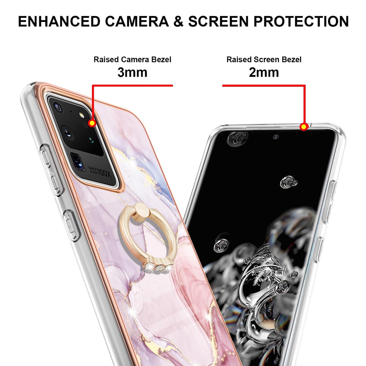 Full-Protective Flexible TPU Cover Rotary Ring Kickstand Design IMD Marble Pattern IML Electroplating Frame Phone Case for Samsung Galaxy S20 Ultra - Rose Gold 005