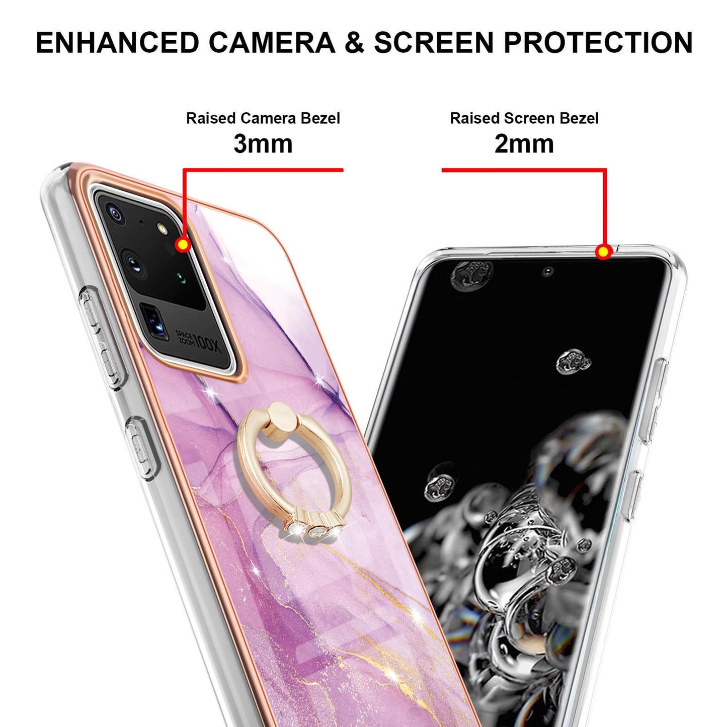 Full-Protective Flexible TPU Cover Rotary Ring Kickstand Design IMD Marble Pattern IML Electroplating Frame Phone Case for Samsung Galaxy S20 Ultra - Purple 001