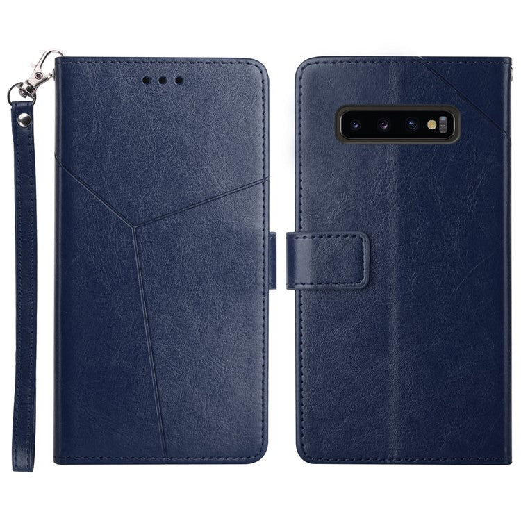 Imprinted Y-shaped Line Stand Wallet PU Leather Cover Inner TPU Phone Case with Wrist Strap for Samsung Galaxy S10 Plus - Blue