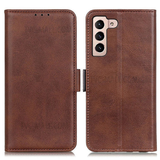 Shockproof Well-Protected Stylish Side Magnetic Clasp PU Leather Wallet Stand Case Phone Shell for Samsung Galaxy S22 5G - Coffee