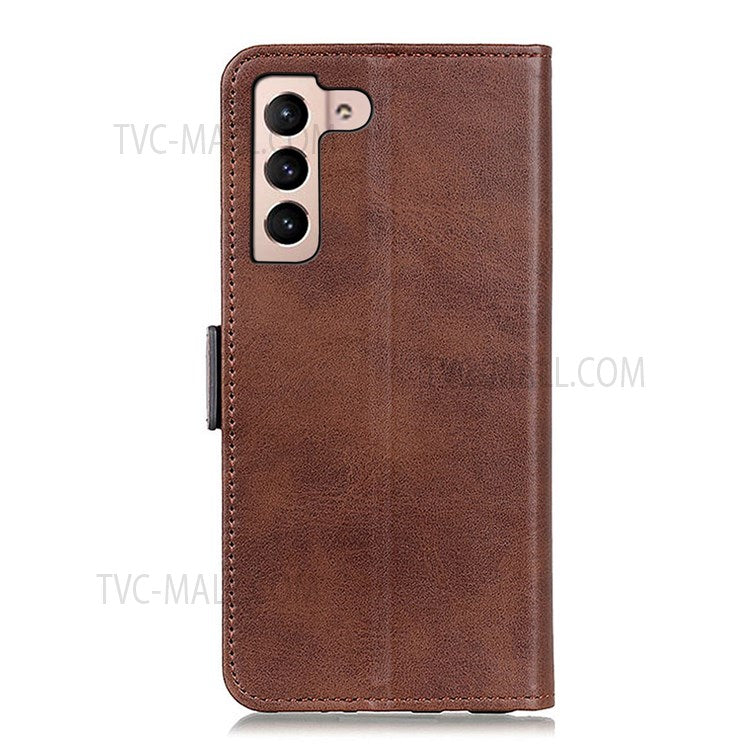 Shockproof Well-Protected Stylish Side Magnetic Clasp PU Leather Wallet Stand Case Phone Shell for Samsung Galaxy S22 5G - Coffee