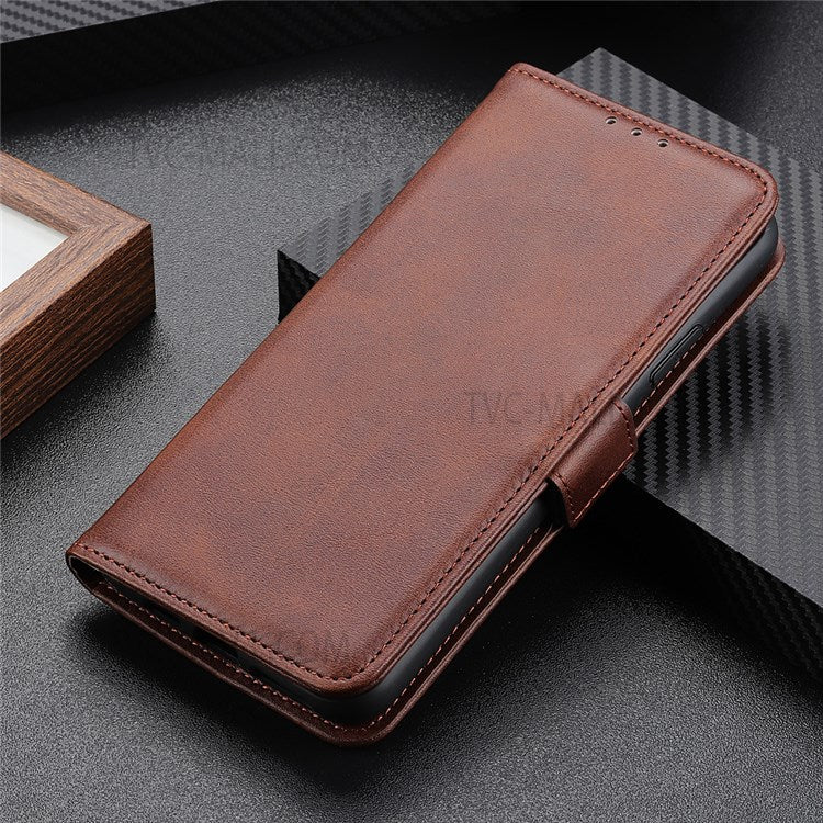 Shockproof Well-Protected Stylish Side Magnetic Clasp PU Leather Wallet Stand Case Phone Shell for Samsung Galaxy S22 5G - Coffee