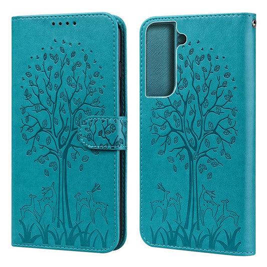 Deer and Tree Imprinting Stand Feature PU Leather Wallet Shockproof Flip Magnetic Case for Samsung Galaxy S22 5G - Blue
