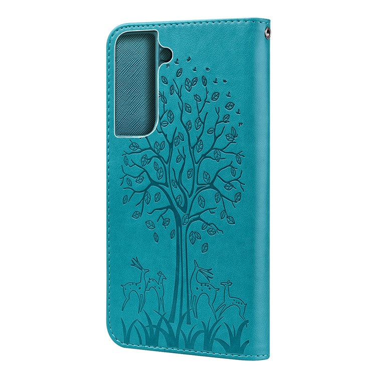 Deer and Tree Imprinting Stand Feature PU Leather Wallet Shockproof Flip Magnetic Case for Samsung Galaxy S22 5G - Blue