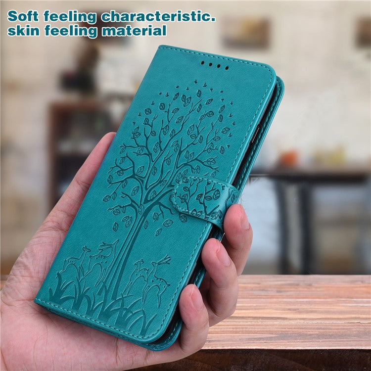 Deer and Tree Imprinting Stand Feature PU Leather Wallet Shockproof Flip Magnetic Case for Samsung Galaxy S22 5G - Blue
