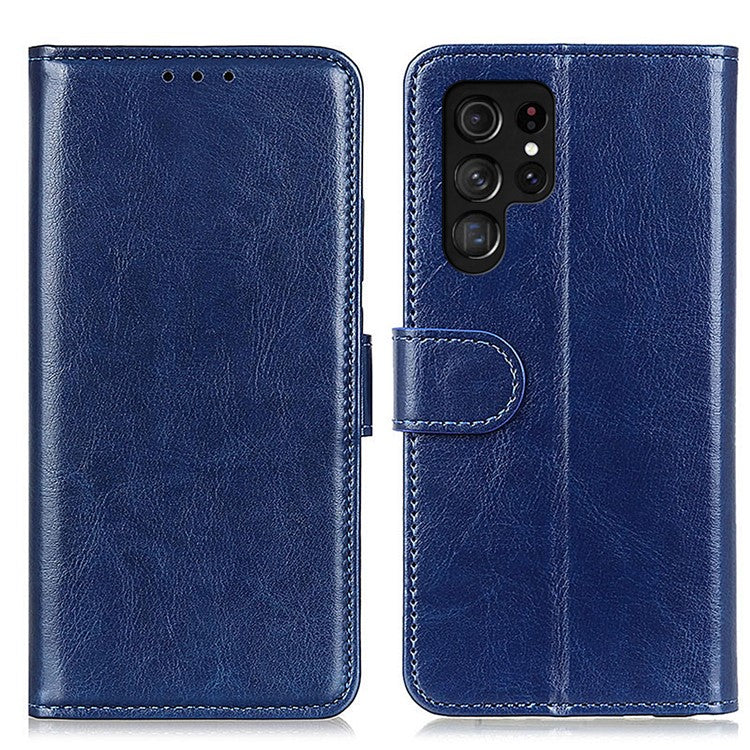 Crazy Horse Texture Folio Flip Wallet Case PU Leather Magnetic Closure Full Body Protection Stand Phone Cover for Samsung Galaxy S22 Ultra 5G - Blue