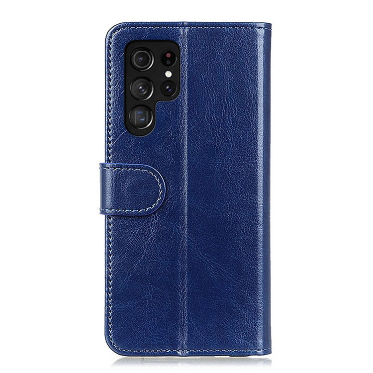 Crazy Horse Texture Folio Flip Wallet Case PU Leather Magnetic Closure Full Body Protection Stand Phone Cover for Samsung Galaxy S22 Ultra 5G - Blue