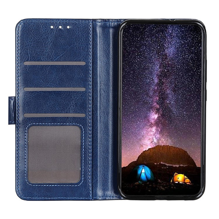 Crazy Horse Texture Folio Flip Wallet Case PU Leather Magnetic Closure Full Body Protection Stand Phone Cover for Samsung Galaxy S22 Ultra 5G - Blue