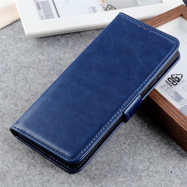 Crazy Horse Texture Folio Flip Wallet Case PU Leather Magnetic Closure Full Body Protection Stand Phone Cover for Samsung Galaxy S22 Ultra 5G - Blue