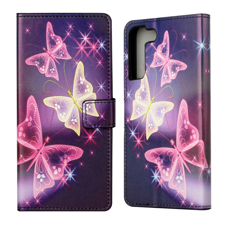Magnetic Clasp Pattern Printing PU Leather Wallet Stand Phone Case Cover for Samsung Galaxy S22 5G - Sparkling Butterflies