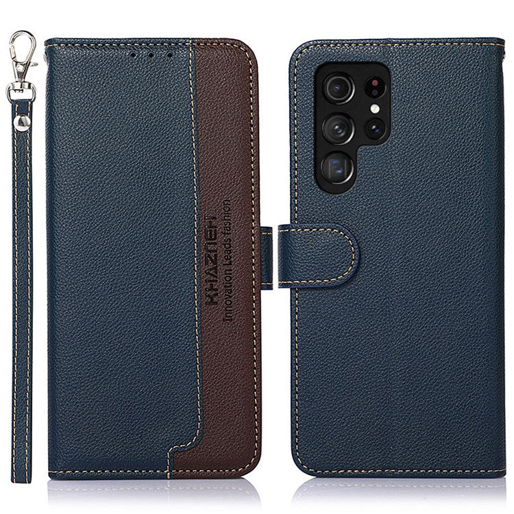 KHAZNEH RFID Blocking Litchi Texture Wallet Stand Leather Protective Phone Case Shell for Samsung Galaxy S22 Ultra 5G - Blue