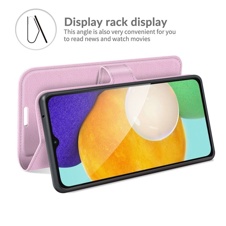 Folio Flip Magnetic Closure Litchi Texture PU Leather + Inner TPU Stand Wallet Cover for Samsung Galaxy A13 5G / A04s 4G (164.7 x 76.7 x 9.1 mm) - Pink