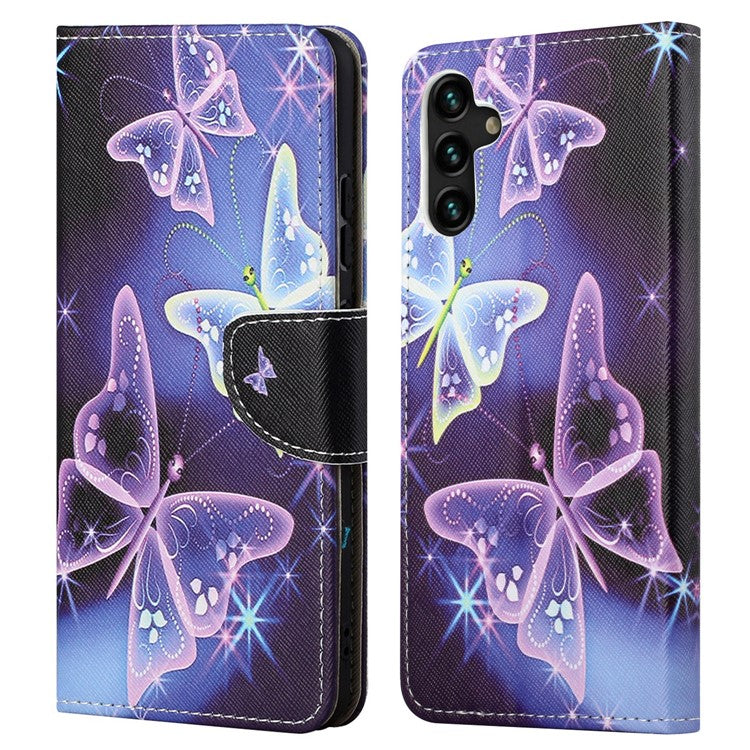 Pattern Printing Cross Texture PU Leather Phone Wallet Stand Case Protective Cover for Samsung Galaxy A13 5G / A04s 4G (164.7 x 76.7 x 9.1 mm) - Sparkling Butterflies