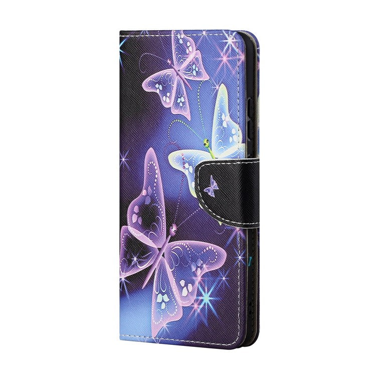 Pattern Printing Cross Texture PU Leather Phone Wallet Stand Case Protective Cover for Samsung Galaxy A13 5G / A04s 4G (164.7 x 76.7 x 9.1 mm) - Sparkling Butterflies