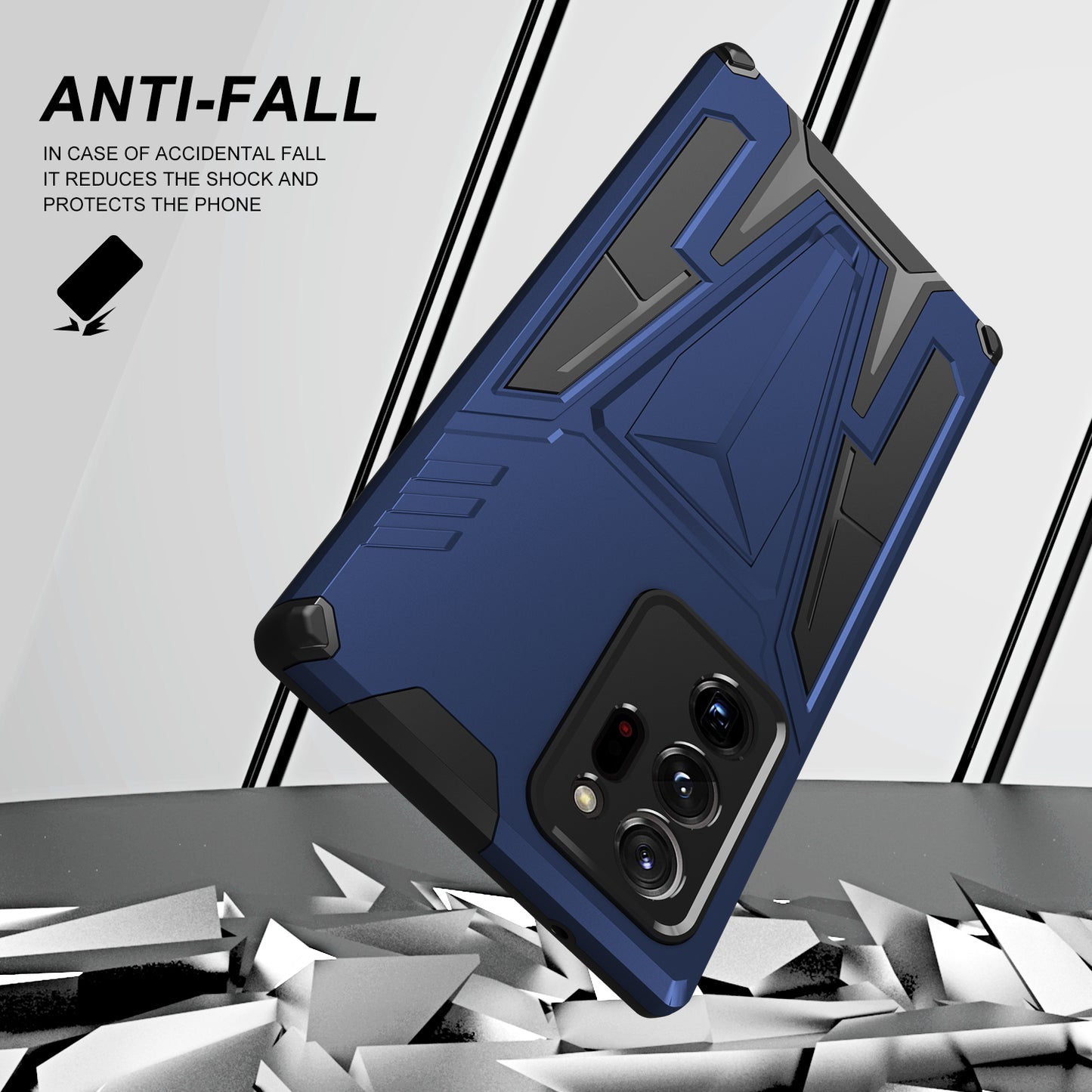 V-Shaped Armor PC + TPU Impact-Resistant Bumpers Protective Case with Kickstand for Samsung Galaxy S20 Ultra - Dark Blue