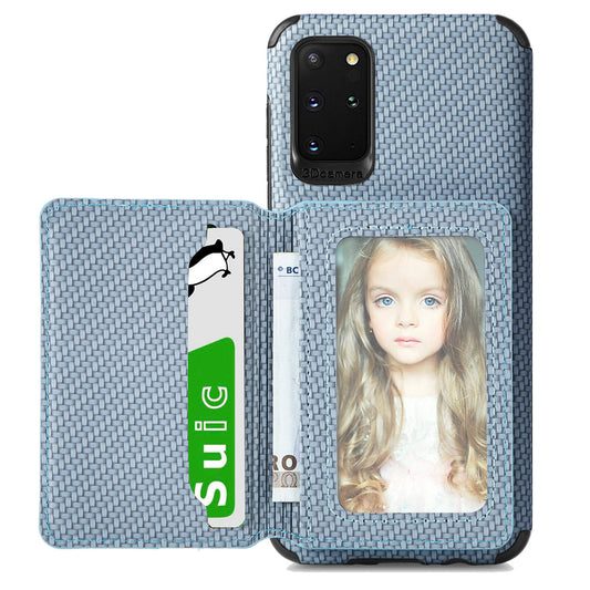 Phone Case Texture Anti-Drop Card Holder Design Built-in Magnet Metal Sheet Quality Leather and TPU Cover with Kickstand for Samsung Galaxy S20 Plus - Blue