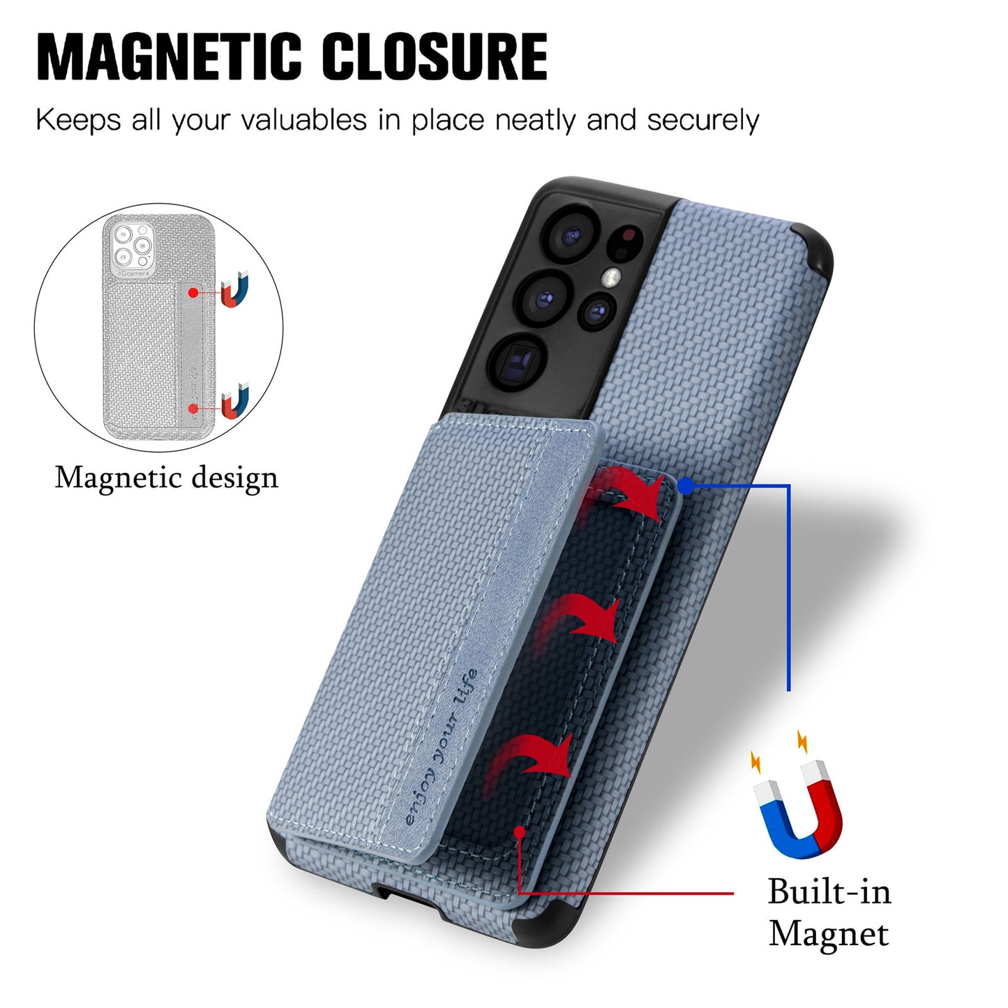 Quality Leather and TPU Phone Case Carbon Fiber Texture Anti-Drop Card Holder Design Built-in Magnet Metal Sheet Phone Cover with Kickstand for 	Samsung Galaxy S20 Ultra - Blue