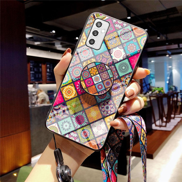 Kickstand Design Tempered Glass + PC + TPU Phone Hybrid Case with Lanyard for Samsung Galaxy M52 5G - Color Pattern