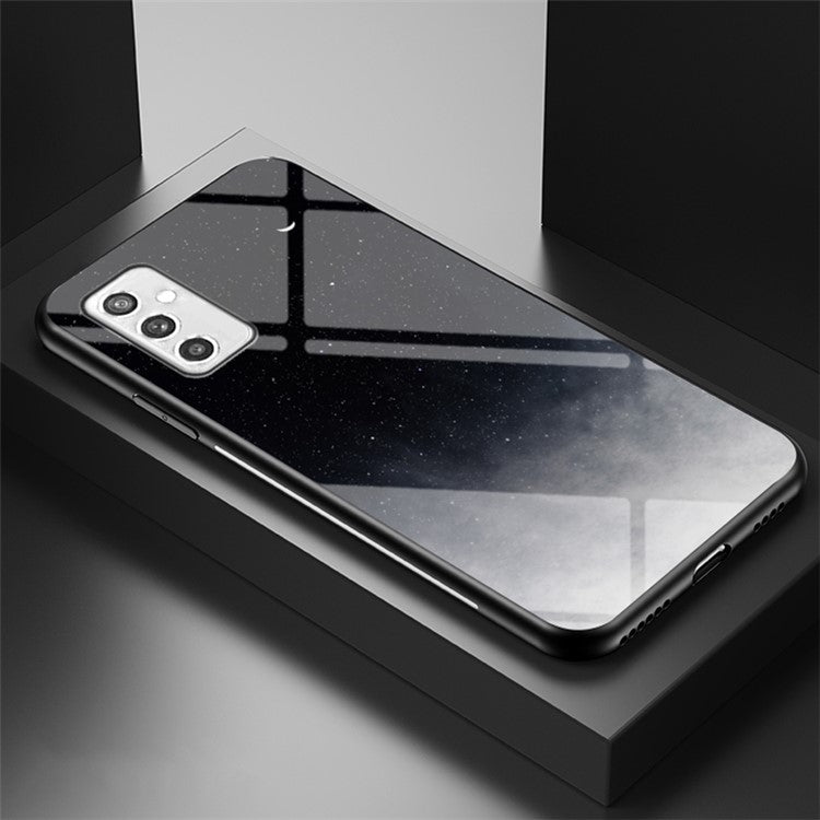 Starry Sky Series Soft TPU Bumper Frame Shockproof Tempered Glass Back Cover for Samsung Galaxy M52 5G - Starry Crescent Moon
