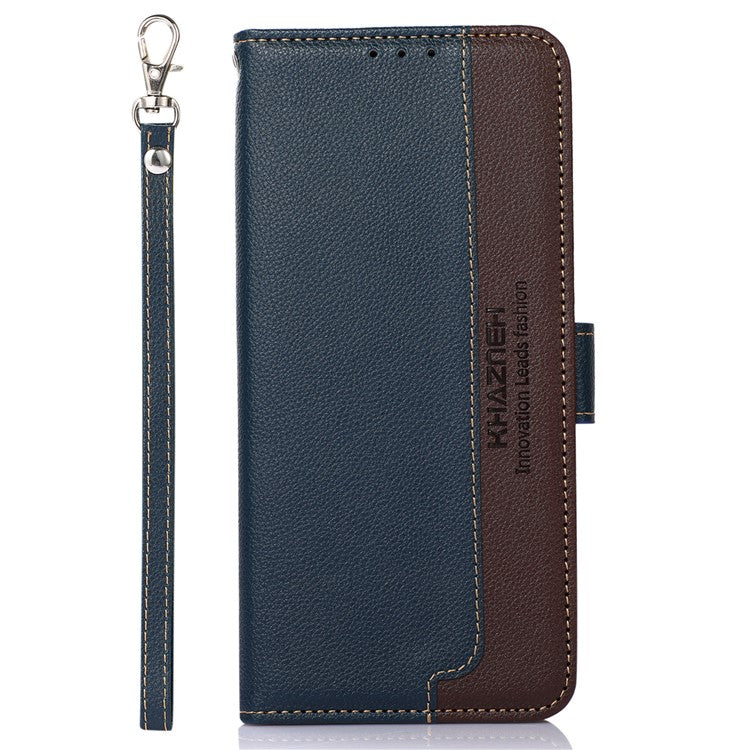 KHAZNEH Litchi Skin PU Leather RFID Blocking Anti-theft Swiping Wallet Stand Protective Phone Case with Strap for Samsung Galaxy M52 5G - Blue