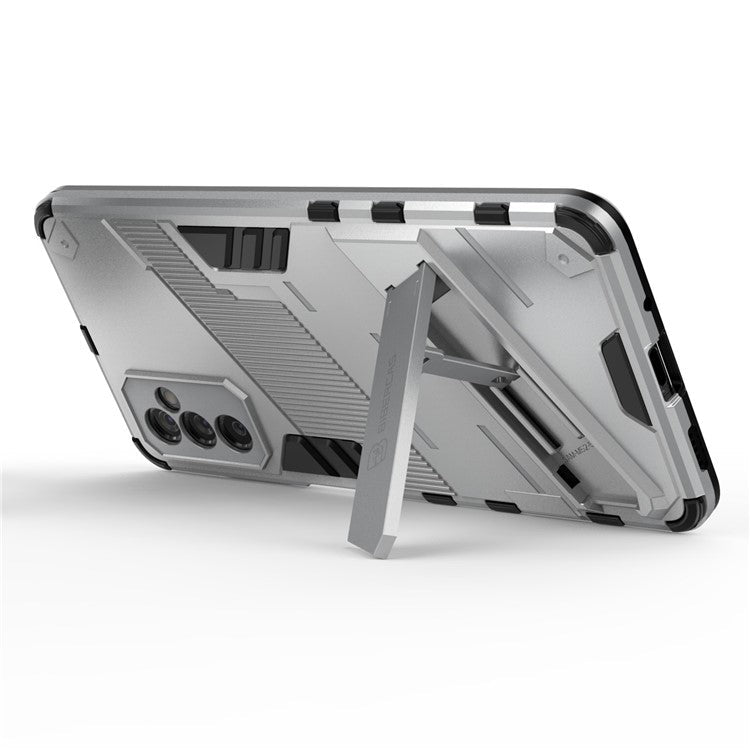 Dual-Layer Soft Flexible TPU + Hard PC Anti-Slip Rugged Protective Phone Case with Kickstand for Samsung Galaxy M52 5G - White