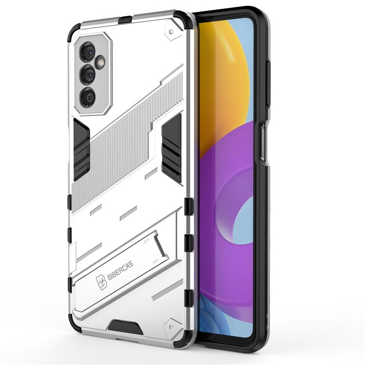Dual-Layer Soft Flexible TPU + Hard PC Anti-Slip Rugged Protective Phone Case with Kickstand for Samsung Galaxy M52 5G - White