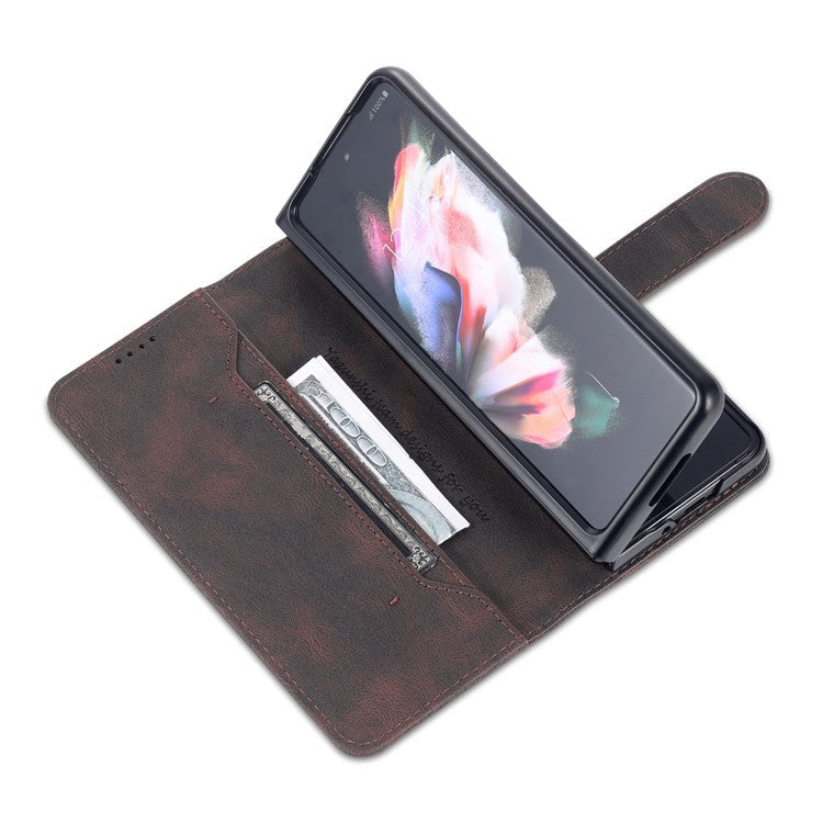 AZNS PU Leather Magnetic Clasp Closure Well-Protected Shockproof Phone Case with Stand Wallet for Samsung Galaxy Z Fold3 5G - Brown