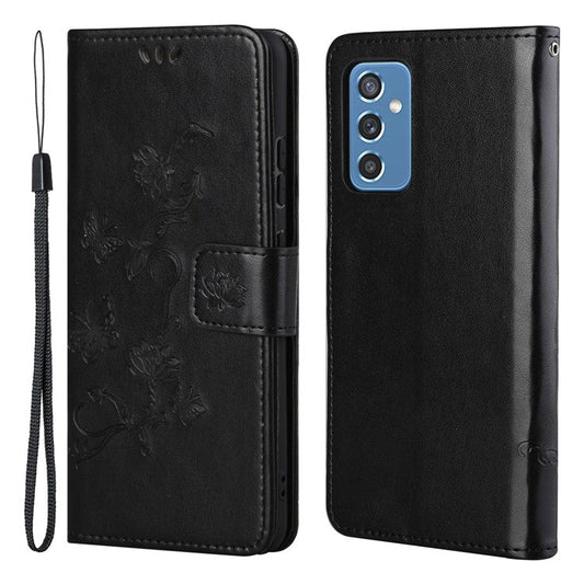 Butterfly Flower Imprinting Anti-Scratch Anti-Drop Leather Phone Wallet Stand Cover with Strap for Samsung Galaxy M52 5G - Black