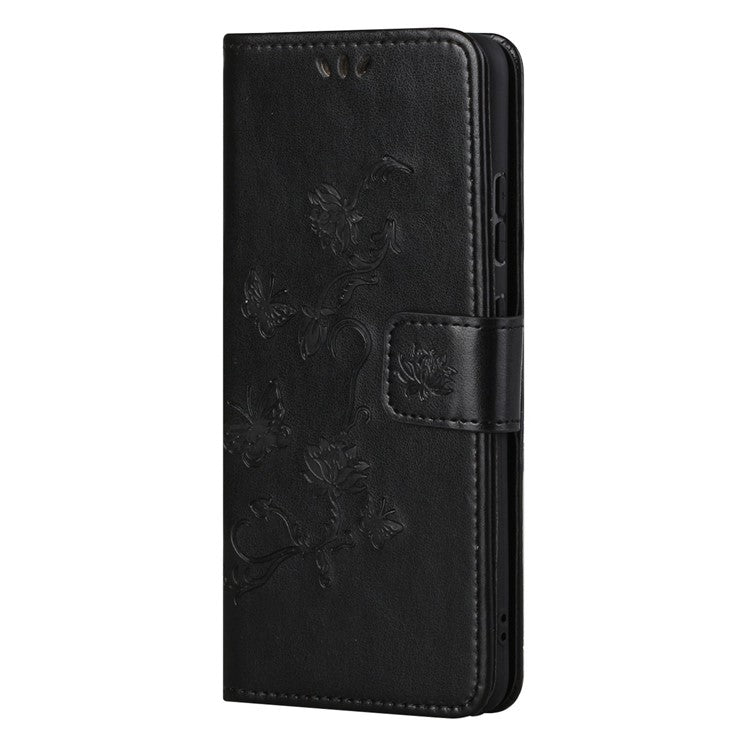 Butterfly Flower Imprinting Anti-Scratch Anti-Drop Leather Phone Wallet Stand Cover with Strap for Samsung Galaxy M52 5G - Black
