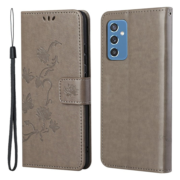 Butterfly Flower Imprinting Anti-Scratch Anti-Drop Leather Phone Wallet Stand Cover with Strap for Samsung Galaxy M52 5G - Grey