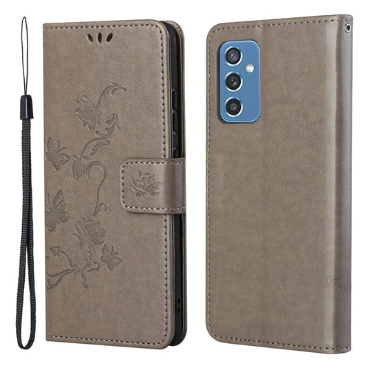 Butterfly Flower Imprinting Anti-Scratch Anti-Drop Leather Phone Wallet Stand Cover with Strap for Samsung Galaxy M52 5G - Grey