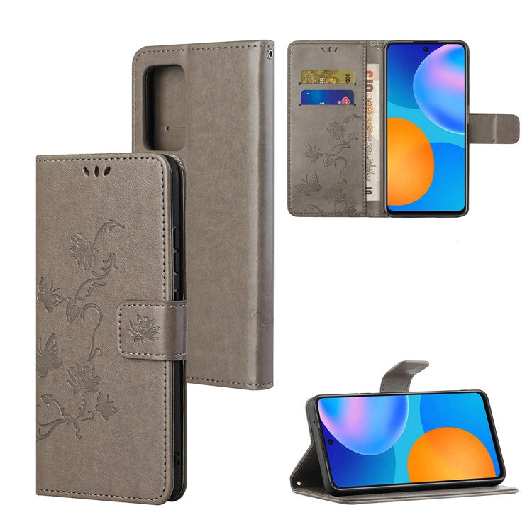 Butterfly Flower Imprinting Anti-Scratch Anti-Drop Leather Phone Wallet Stand Cover with Strap for Samsung Galaxy M52 5G - Grey